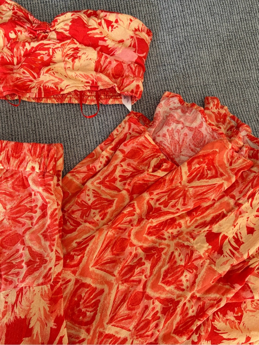 Free People Two-Piece Orange and Cream Printed Set - Strapless Top + Skirt